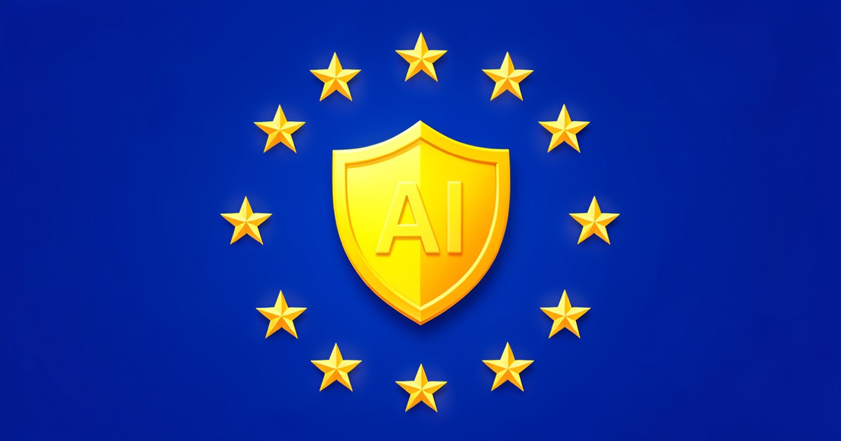 A bright yellow AI content label icon on a European flag blue background, symbolising the EU's new mandatory AI transparency rules.
