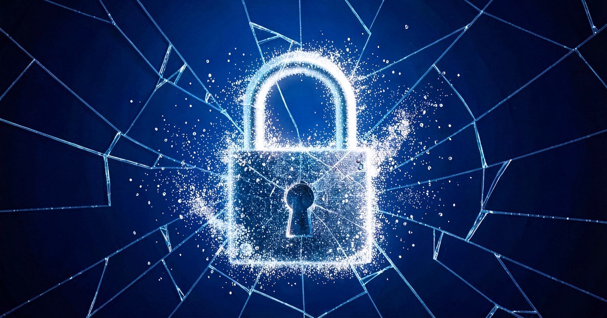 A padlock made of light dissolving into particles against a deep blue digital background, with fractured glass texture.