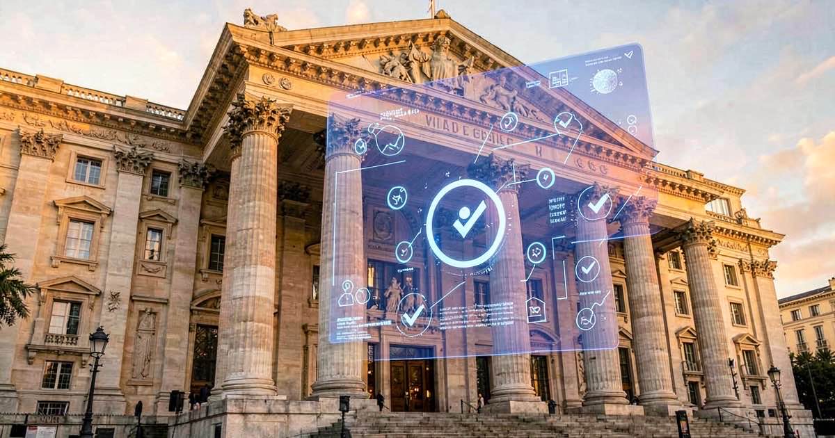 An ornate European parliament building facade with a giant digital chat interface overlay showing content moderation flags and compliance checkboxes