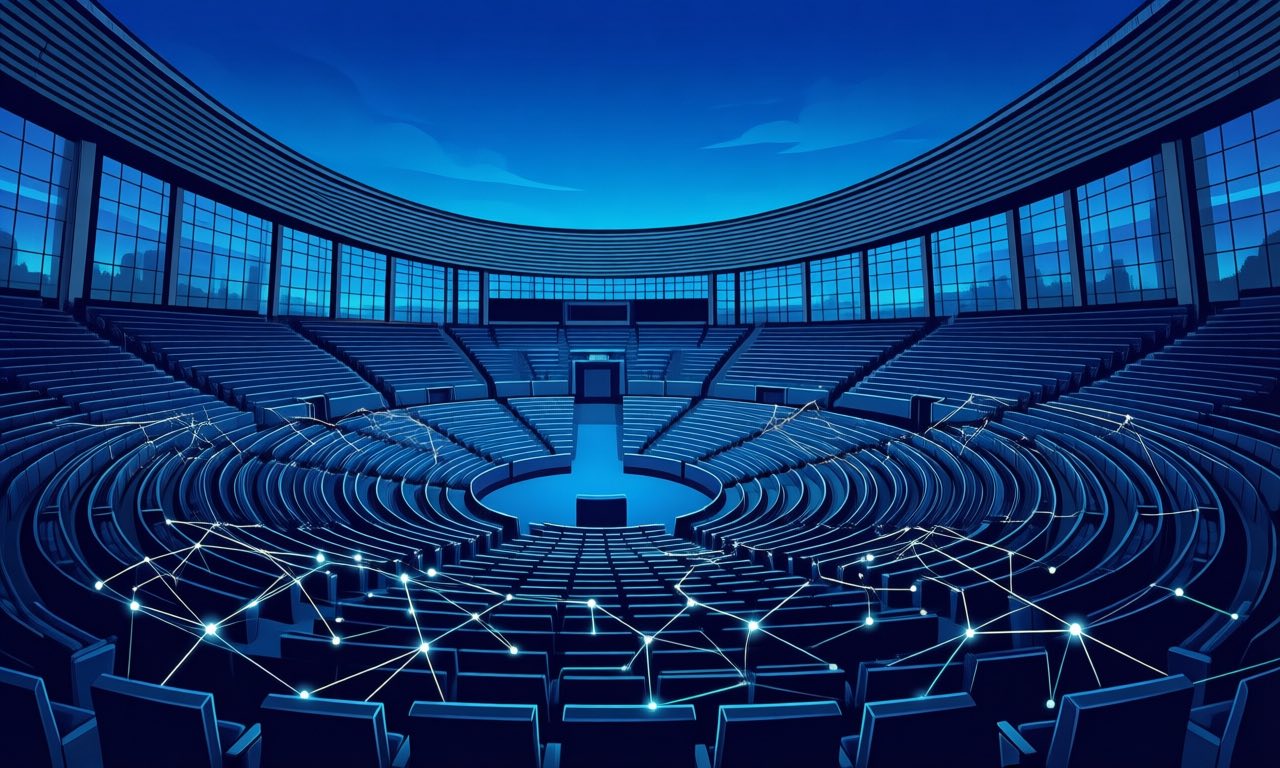 The European Parliament chamber in Strasbourg rendered in flat editorial style with glowing network lines connecting the seating arcs.