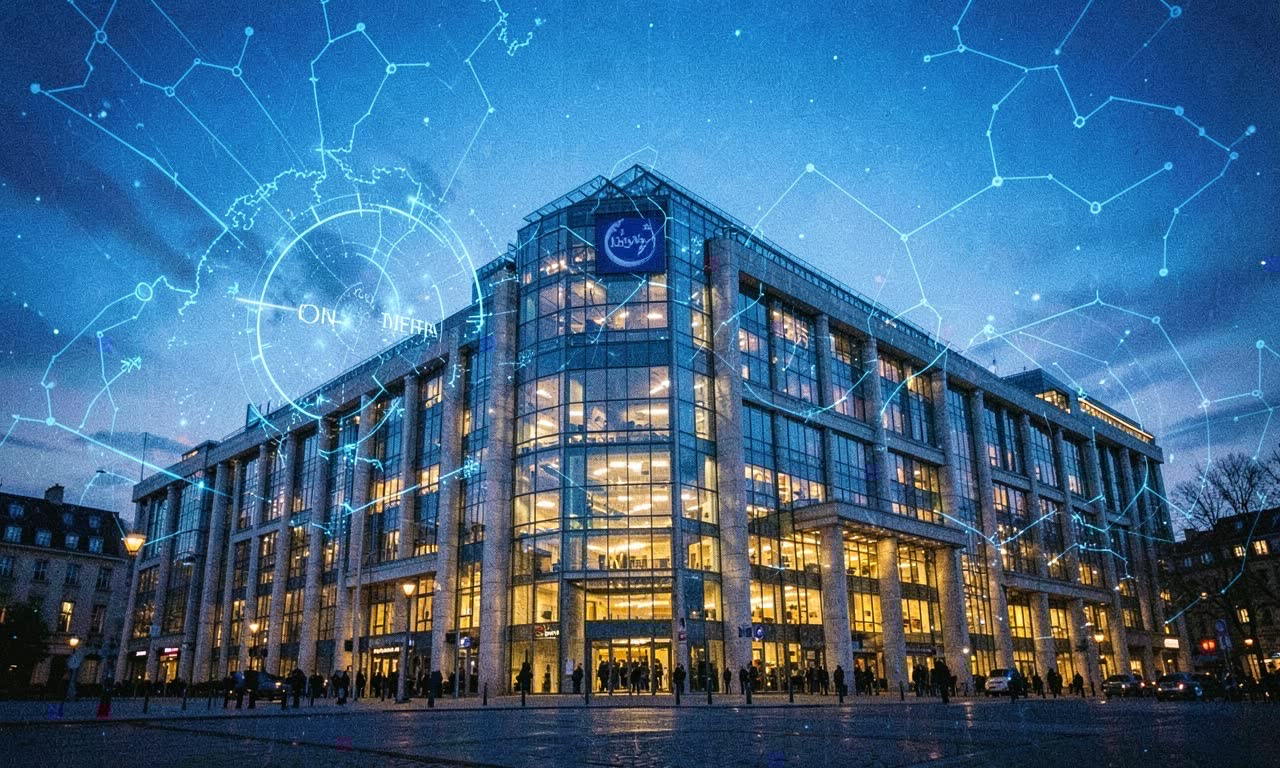 European Commission building with digital security overlay, diplomatic lighting