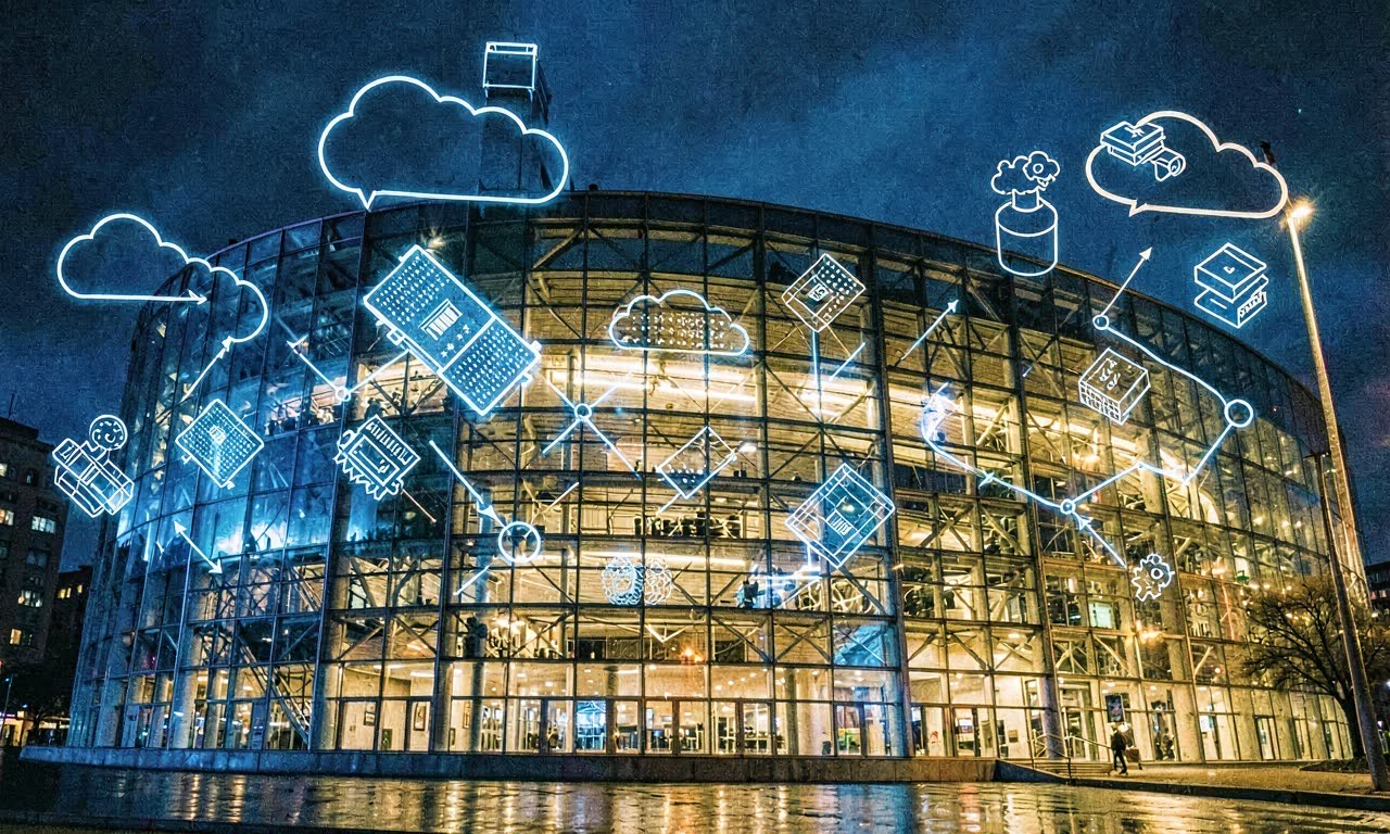 European Parliament building with semiconductor wafers and cloud infrastructure icons overlaid, dramatic blue-gold lighting, photojournalistic