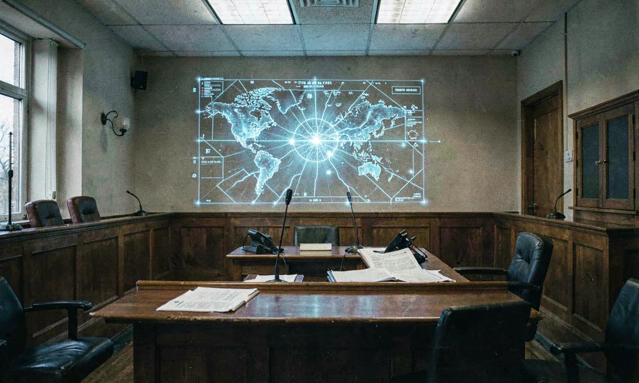 A courtroom with an AI neural network projection on the wall and legal documents on the bench, dramatic overhead lighting, photojournalistic style