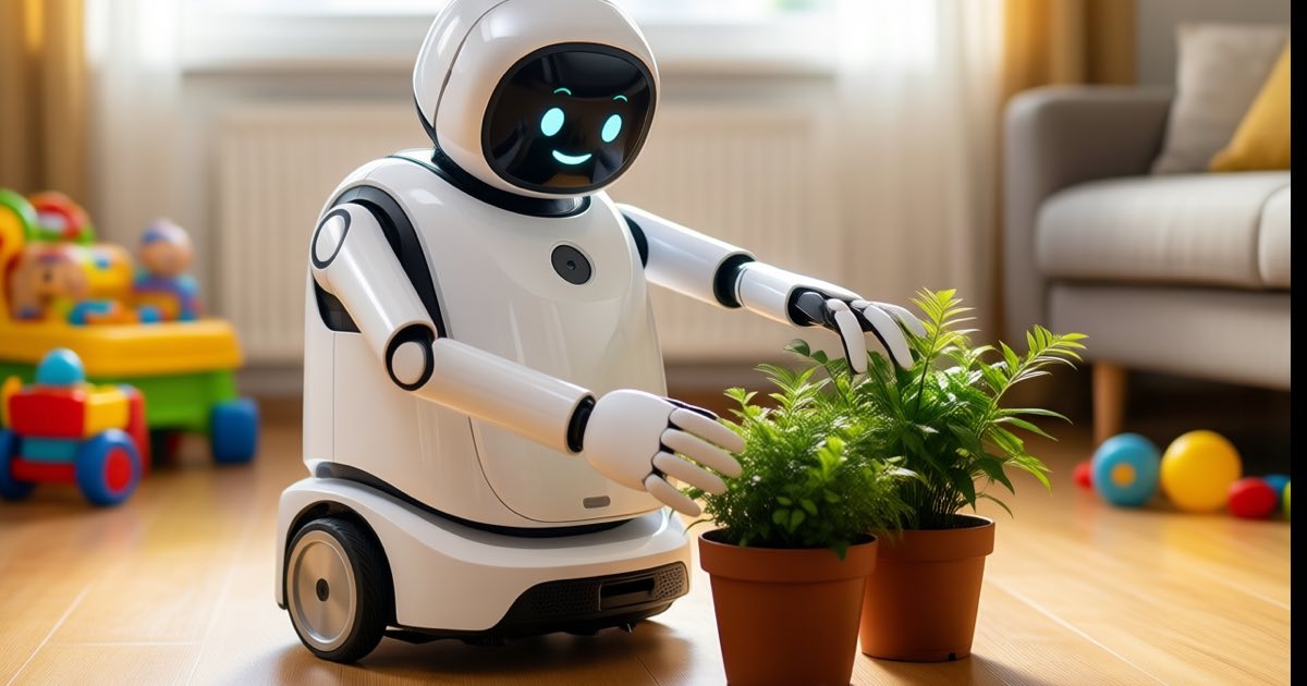 A compact white wheeled home robot with two arms and a small head tending potted plants in a bright family living room, toys and furniture around it, warm natural light