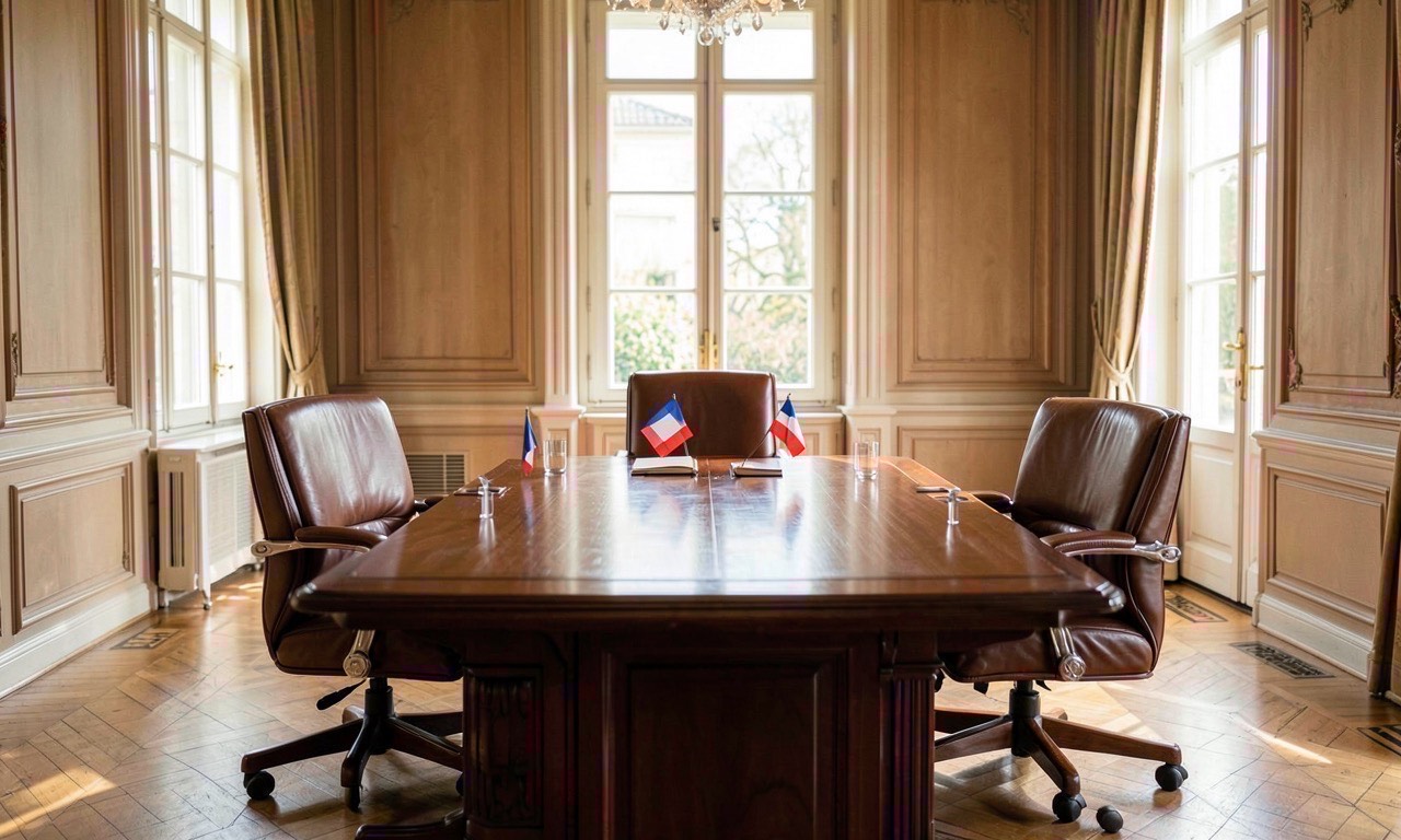 A formal summit table with three empty chairs and French tricolor place cards, morning light through tall windows in an Élysée-style conference room
