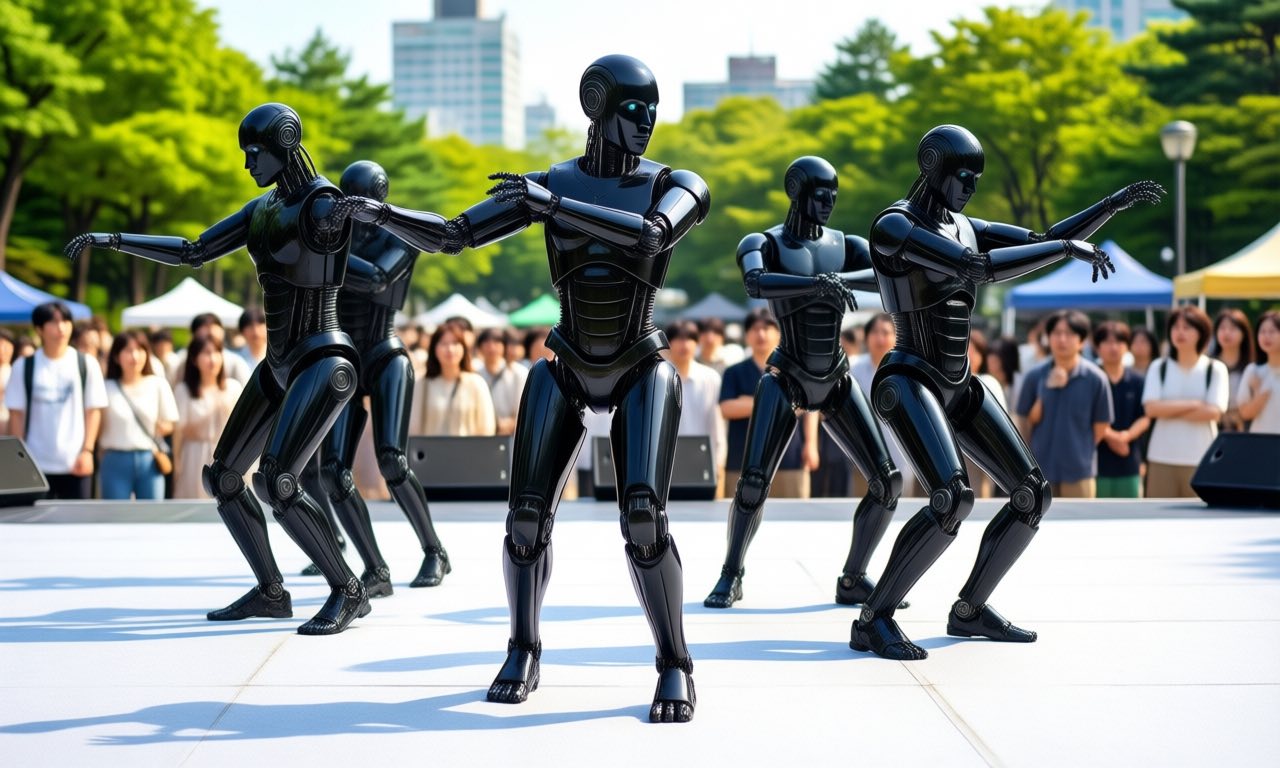 Humanoid robots performing a synchronized dance on an outdoor park stage while spectators watch from the sidelines
