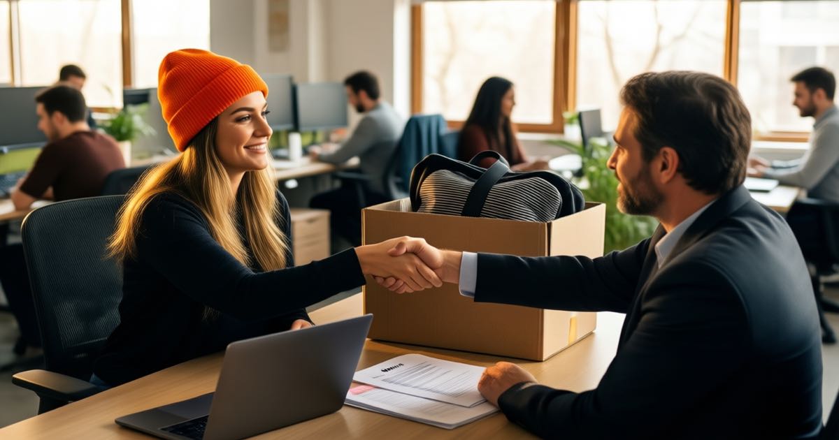A woman in a bright orange beanie shakes hands with a hiring manager across a desk in a modern open-plan office, a cardboard box of personal items back on the desk, colleagues behind, warm morning window light, documentary editorial photography
