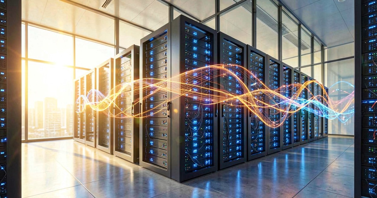 A vibrant sunlit modern data center with rows of glowing blue servers and warm golden light streaming through glass walls