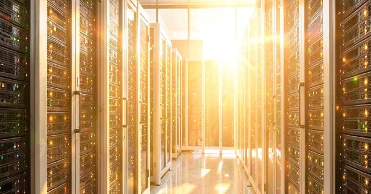 A bright sunlit modern Google data center with rows of glowing servers and warm golden light streaming through glass walls