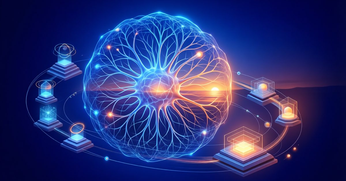 A glowing neural core surrounded by orbiting stages of refinement at dawn, evoking a flagship AI model approaching release
