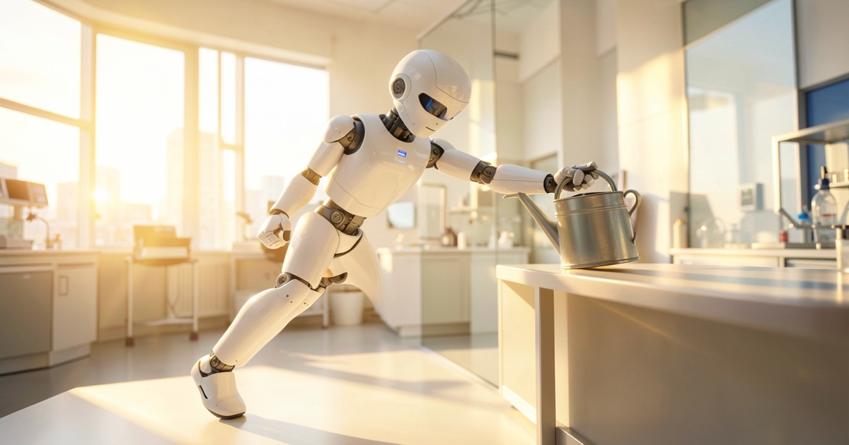 A white humanoid robot reaching across a cluttered room to place an object on a shelf, bathed in bright studio lighting.