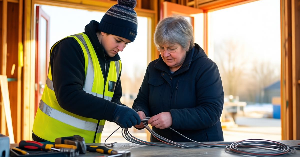 A young apprentice in a beanie and hi-vis vest with a grey-haired tradeswoman checking a cable run at a bright construction training workshop, tools on the bench, warm morning light, documentary style