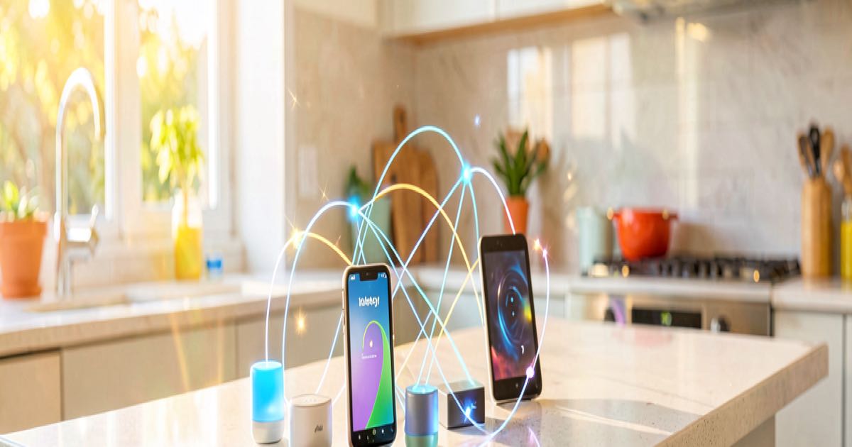 A bright sunlit modern kitchen with smart home devices on the counter emitting soft glowing connection lines between them, warm morning light, vibrant colours, no text