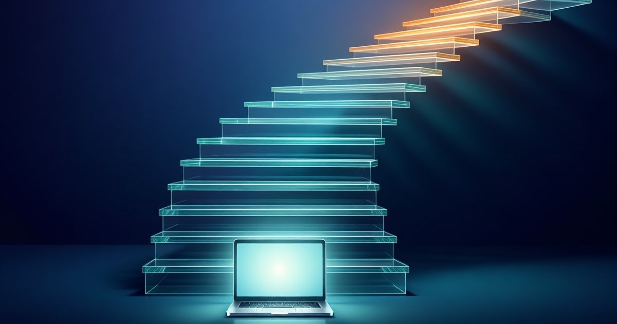 A laptop on a dark desk showing a minimal chat interface, with a glowing tiered staircase of light descending into shadow across the screen