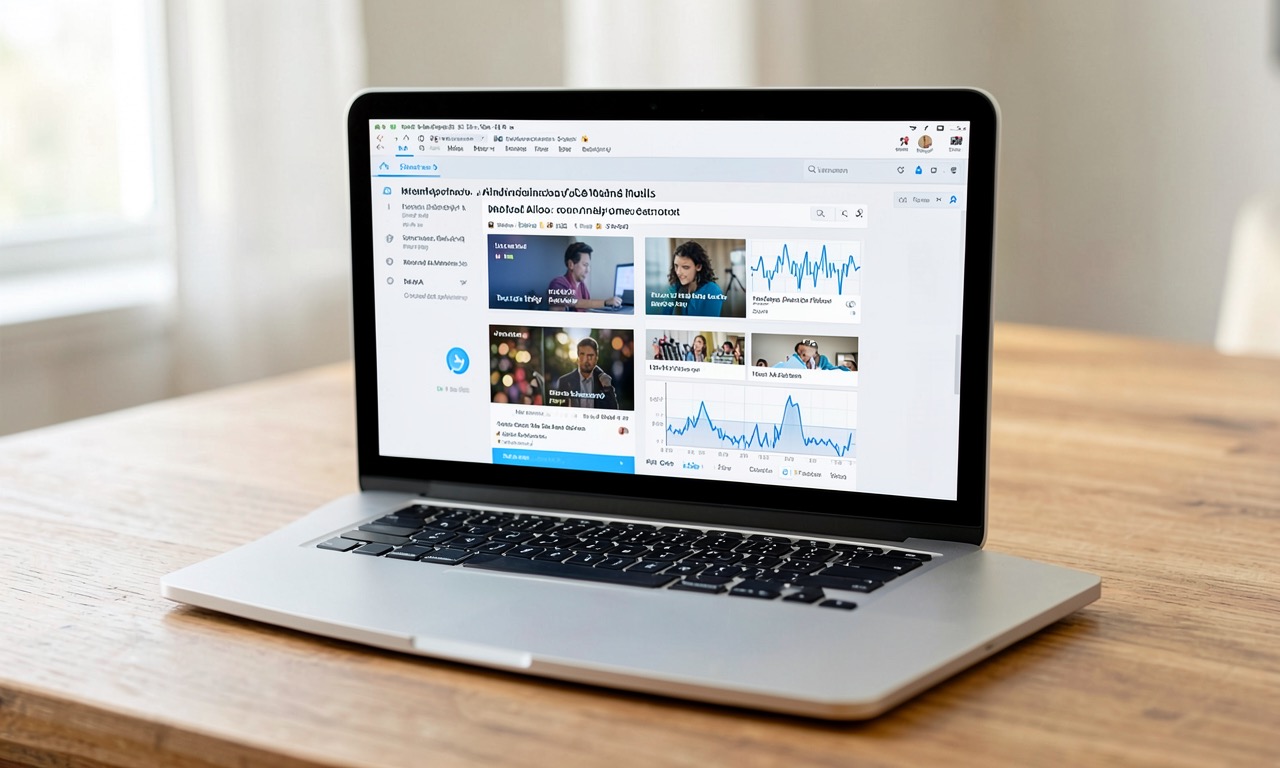 A laptop on a wooden desk showing multimodal AI processing — text, image thumbnails, and audio waveforms on screen, soft natural light, product photography style