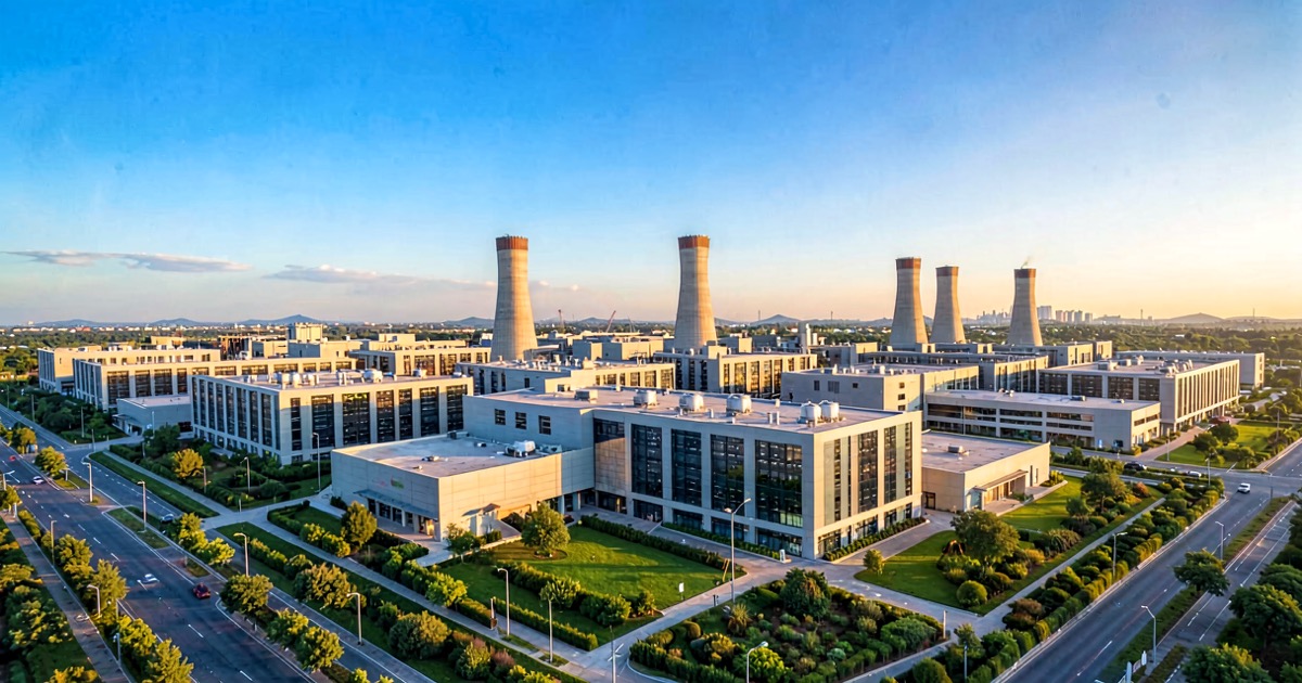 A sprawling data centre complex under bright blue sky with rows of cooling towers and server halls stretching to the horizon.