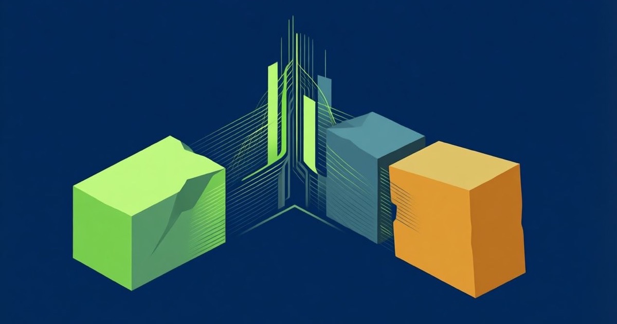Abstract illustration of three separate blocks converging into a single shared structure, symbolising rival AI labs building a joint standards body