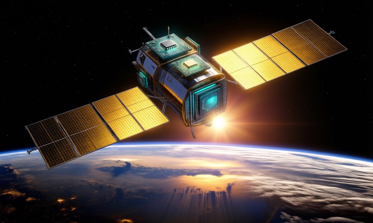 A prototype satellite with solar panels orbiting above Earth carrying compact AI compute modules, sunrise flare on the planet's horizon