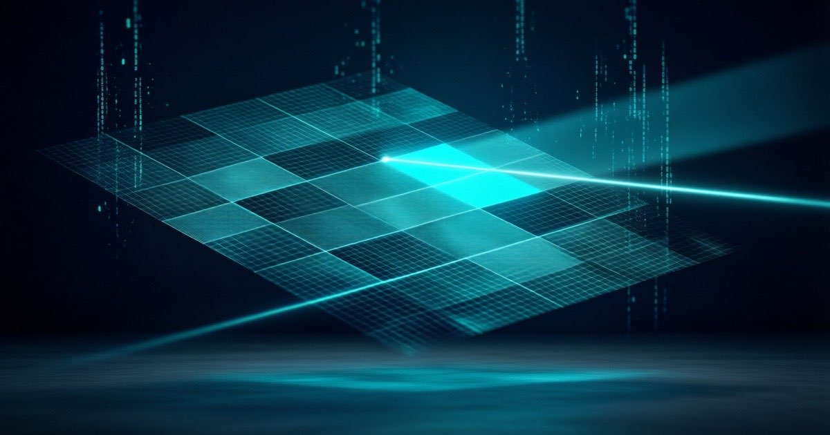 Abstract glowing holographic checkerboard grid hovering over a dark studio backdrop with one tile lit in cyan as a scanning line of light sweeps across