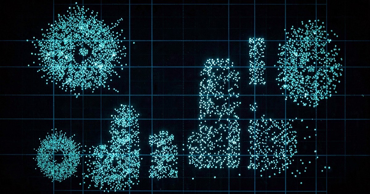 Abstract composition of glowing geometric data clusters forming rigid grid patterns on a dark background, light points accumulating at fixed intervals