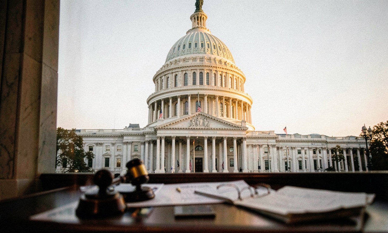 The US Capitol dome at dawn with morning light hitting the Senate wing, American flags visible, documentary photography style