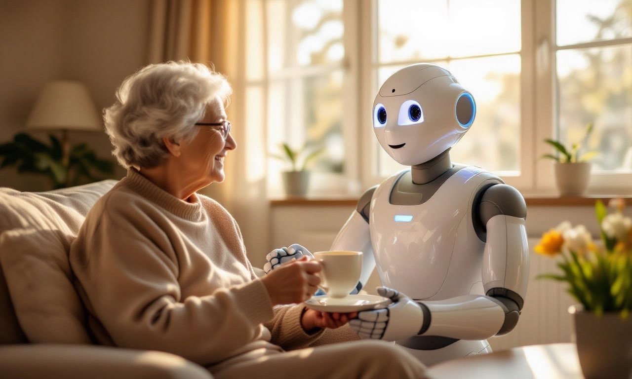 A friendly humanoid robot gently assisting an elderly person with a cup of tea in a bright sunlit living room, warm afternoon light through windows, domestic care setting, hopeful and dignified atmosphere, candid documentary style, vibrant