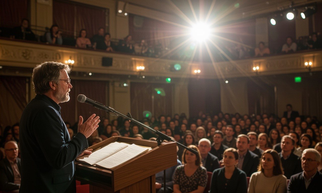 A writer standing at a lectern addressing a packed auditorium of attentive listeners, warm dramatic spotlight on the speaker, bright engaged audience visible, literary atmosphere, candid documentary style