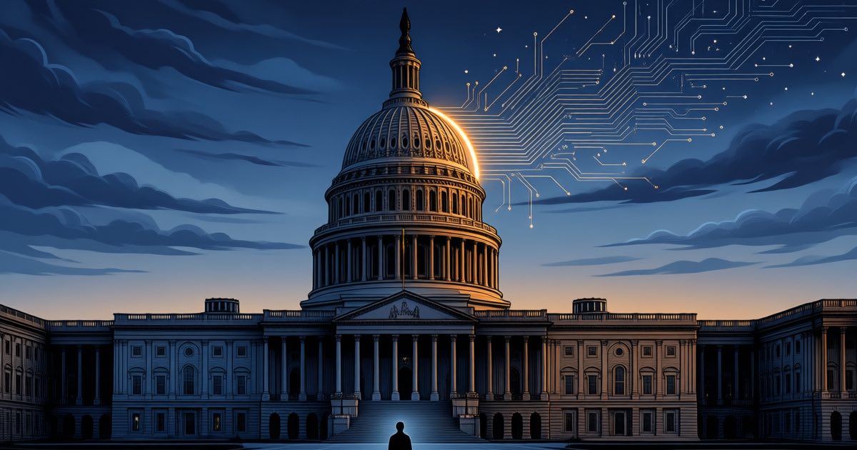 The US Capitol dome at dusk with a glowing amber filament dissolving into circuit traces across a dark sky