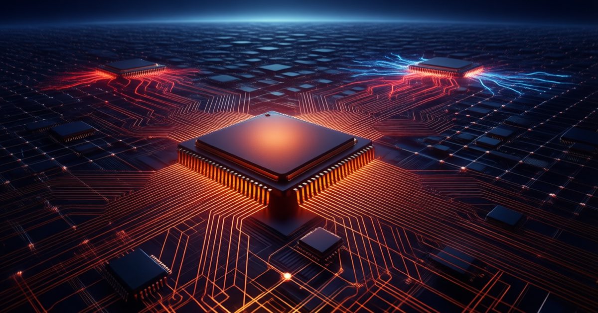 A dark AI processor chip glowing amber-red at the centre of a vast lattice of connected compute nodes stretching to the horizon, moody cinematic abstract editorial illustration
