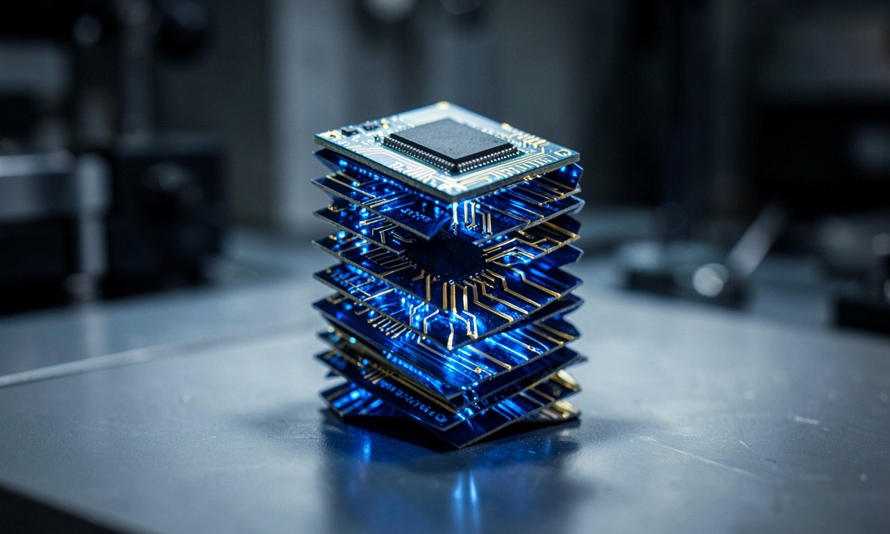 A semiconductor chip being folded like origami, layers stacking vertically with glowing circuit pathways, blue and gold tones, laboratory setting, no text no logos no letters no signs