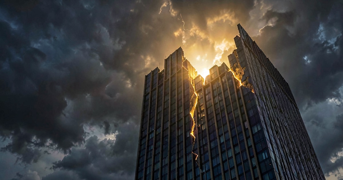 Abstract composition of a massive corporate tower silhouette fragmenting from the top, warm golden light splitting through cracks in the structure, dark storm clouds behind, suggesting institutional decline