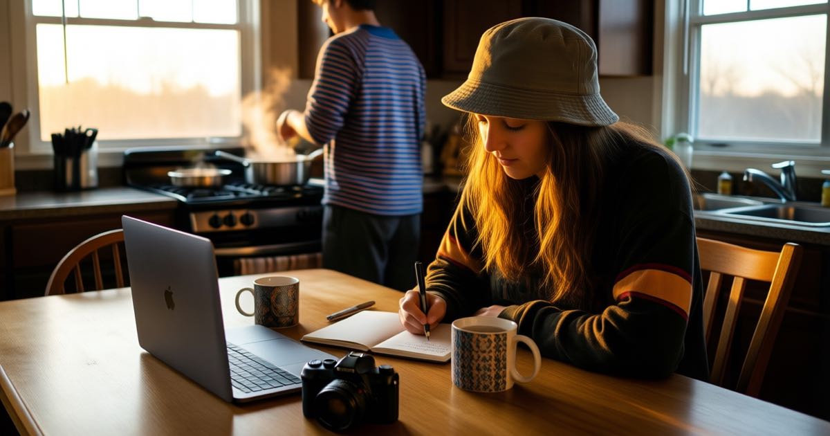 A young woman in a bucket hat studies an online AI course at a home dining table at golden hour, handwritten notes and a camera-shaped mug beside her, documentary style