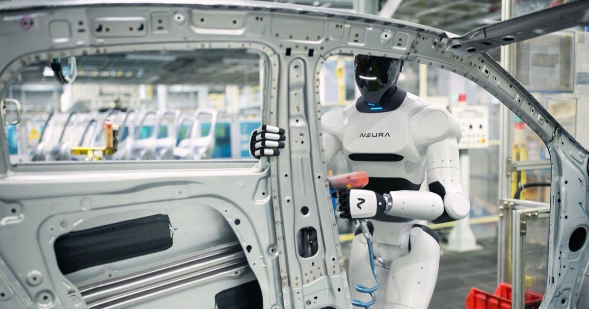 A Neura 4NE1 humanoid robot working inside a car body at an automotive assembly line, from the IFR World Robotics 2026 press kit