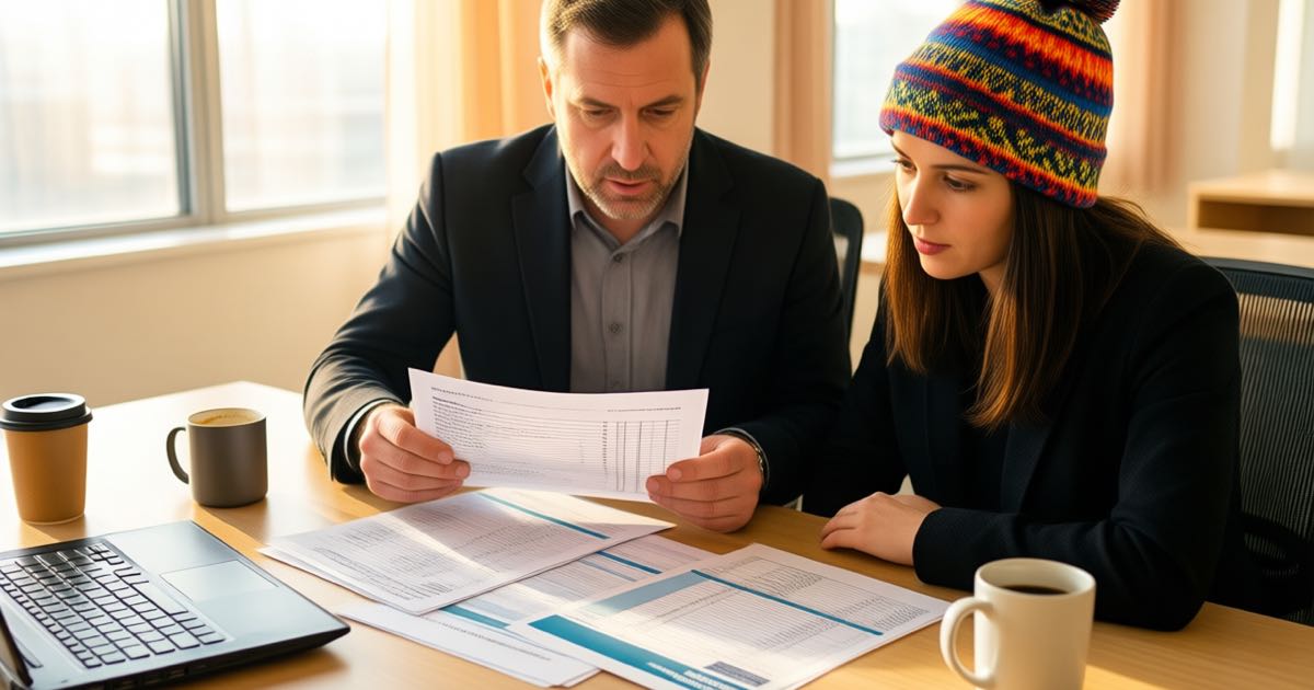A manager and a young analyst in patterned knitwear comparing rising pay charts on a large monitor in a bright office, payslip printouts on the desk, warm morning window light, documentary style