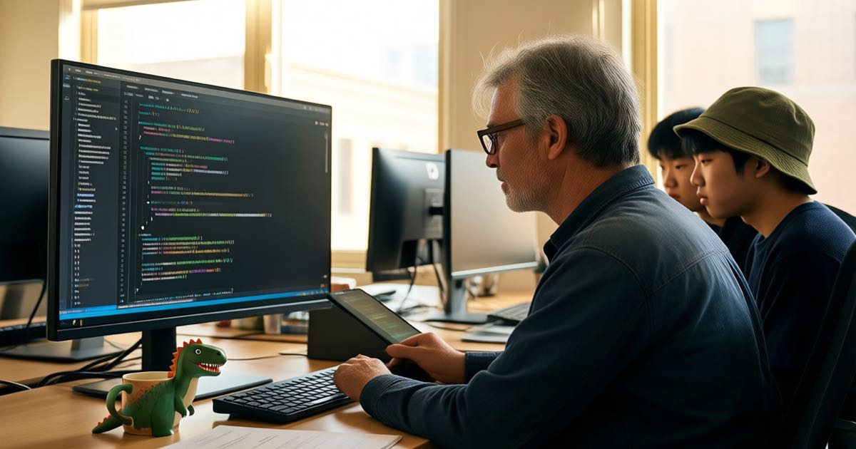 A senior developer mentor with grey-flecked hair reviews code on a large monitor with two young trainees in a bright open-plan tech office, one trainee in a bucket hat with a dinosaur mug on the desk, warm natural light, documentary editorial photography