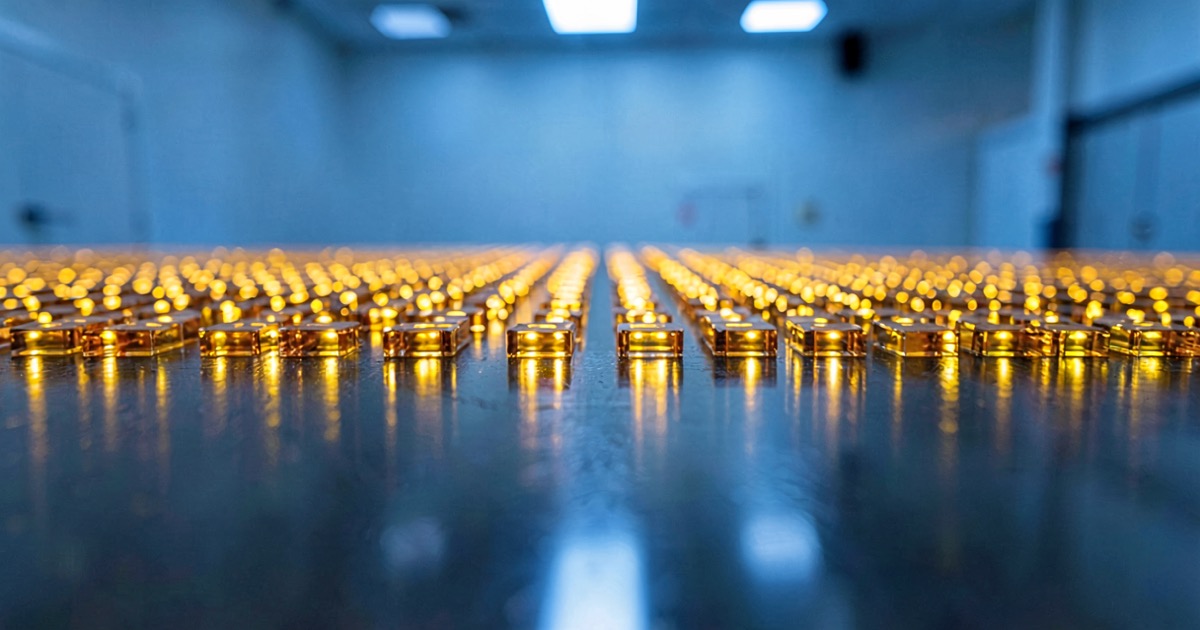 Rows of glowing amber semiconductor wafers reflected on a mirror-polished floor under blue clean-room lighting