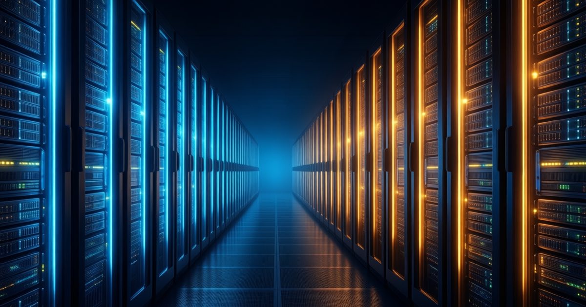 Two opposing rows of glowing computer servers facing each other across a dark data-centre corridor, lit cold blue on one side and warm amber on the other