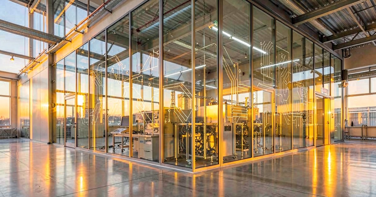 A bright sunlit modern semiconductor fabrication facility with clean glass walls reflecting golden hour light, abstract composition of circuit patterns on the facade