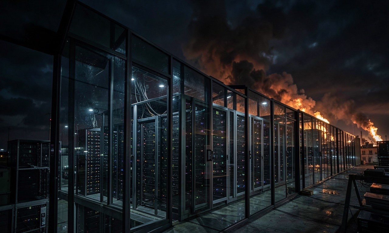 A data center facility at night with smoke rising in the distance, military conflict imagery blended with server hall architecture, dark dramatic lighting