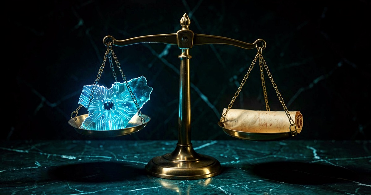 A brass balance scale weighing a blue circuit board against a rolled parchment on dark marble
