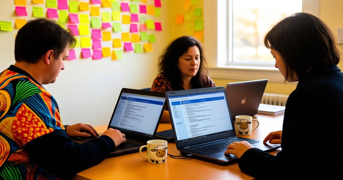 Three people at a bright community workspace reviewing job listings on laptops and a wall of sticky notes, one wearing a colourful patterned jersey, warm natural light, documentary style
