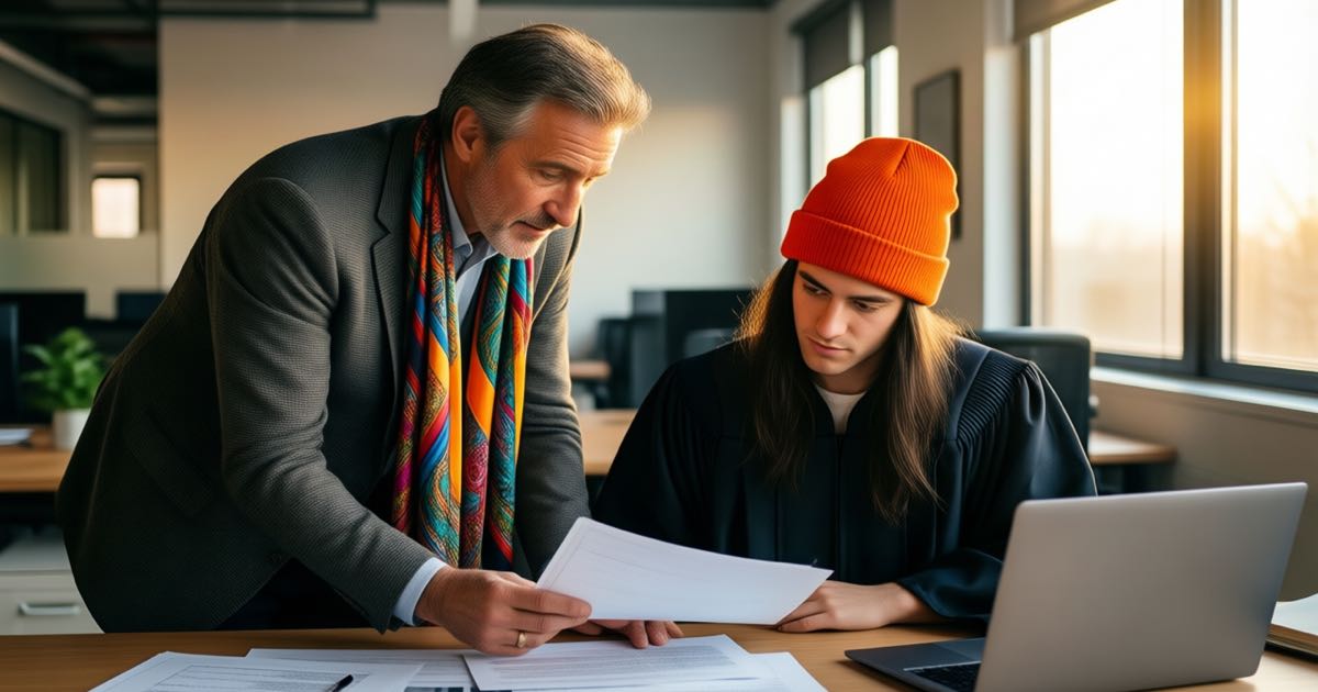 A senior professional in a patterned scarf reviews a printed document with a young graduate at a sunlit office desk, laptops and paper drafts between them