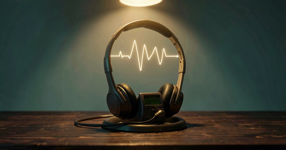 A vintage medical call centre headset resting on a dark wooden desk under a single warm amber downlight, a faint audio waveform glowing above the earpiece, cool teal shadow in the background.