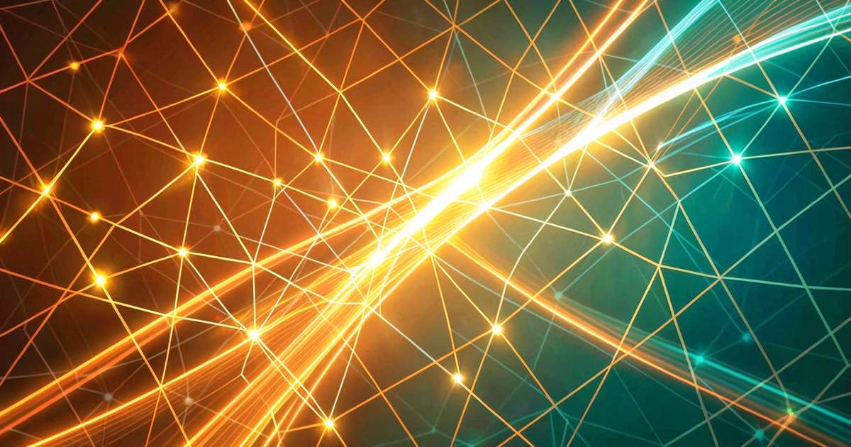 A vibrant abstract visualization of flowing data streams through a geometric lattice structure, with bright golden light streaming through interconnected nodes.
