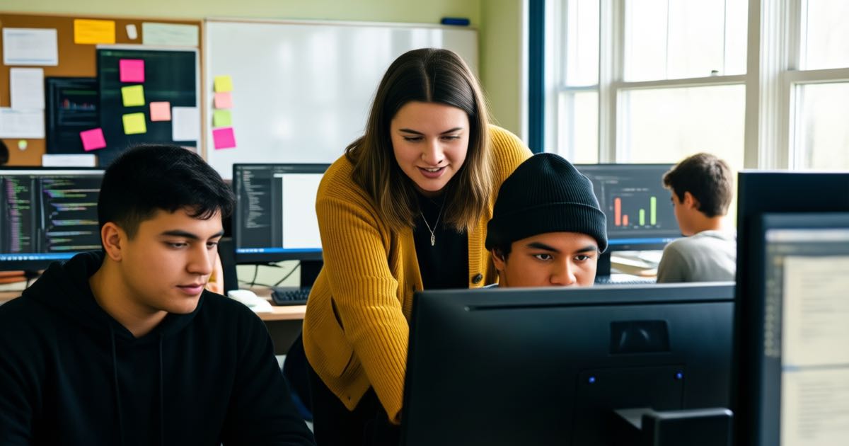 A young woman in a mustard-yellow cardigan mentors a student in a black beanie at a university computer lab, both looking at code on a monitor, warm morning light, documentary style