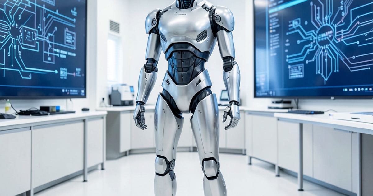 A sleek bipedal humanoid robot standing in a bright modern laboratory with Nvidia and LG branding on display screens in the background, clean documentary photography style.