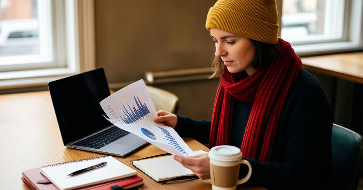 A woman in a mustard-yellow beanie with a red scarf reviewing safety-evaluation charts on a laptop at a warm co-working table, coffee and notebooks around her, natural window light, documentary editorial photography