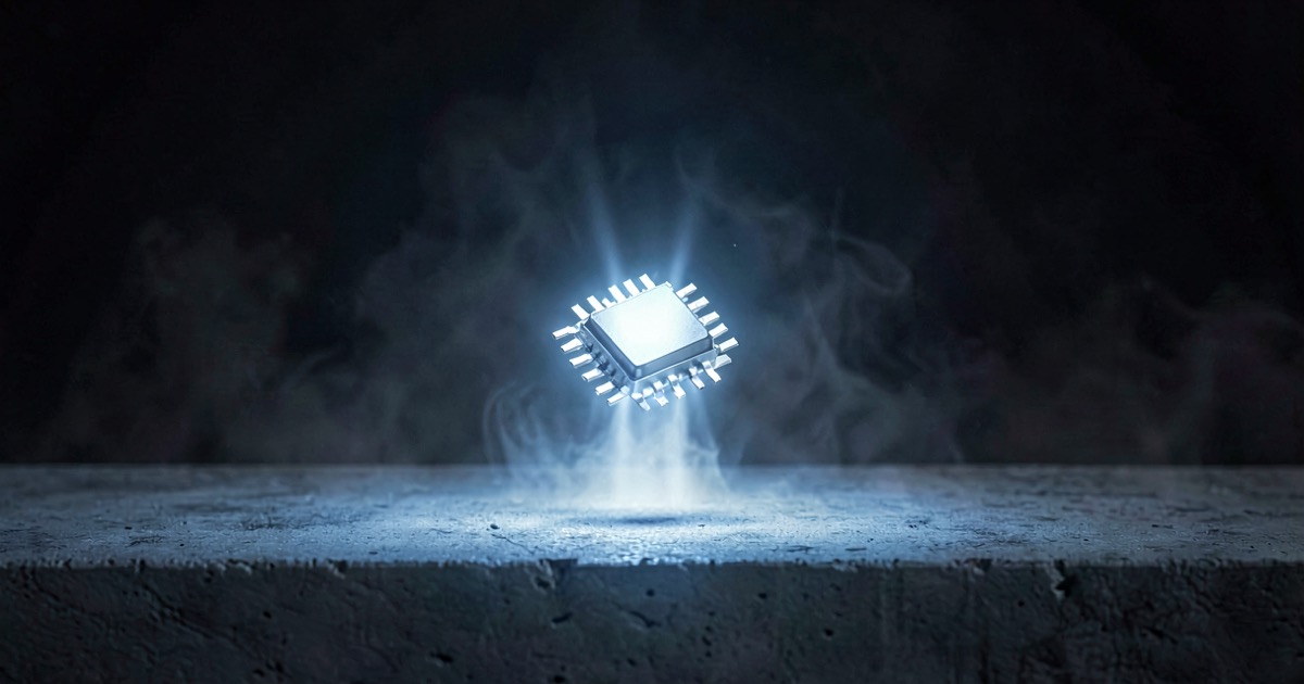 A tiny glowing microchip floating above a dark concrete surface, ethereal blue-white light emanating from the chip