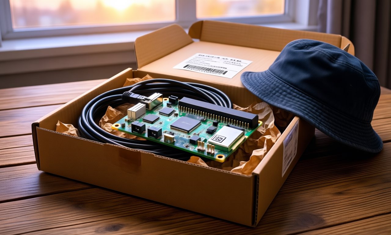 A small single-board computer in a case with an ethernet cable, packed beside a handwritten label in an open cardboard mailing box on a wooden table, warm evening light