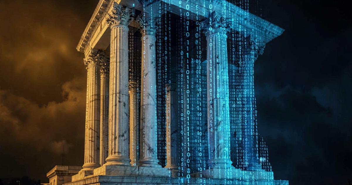 Classical marble government columns dissolving into blue binary code streams, warm amber light meeting cool digital glow, abstract composition